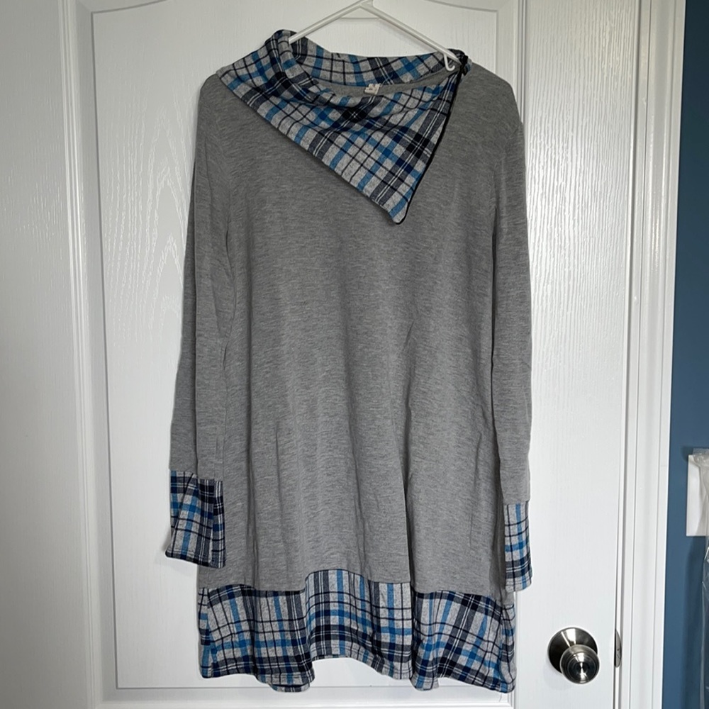 Women’s M/L gray & blue plaid My Beloved sweater dress.